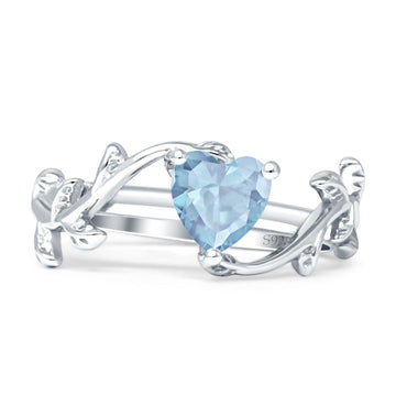 Heart Leaf Art Deco Promise Ring Aquamarine CZ 925 Sterling Silver wholesale